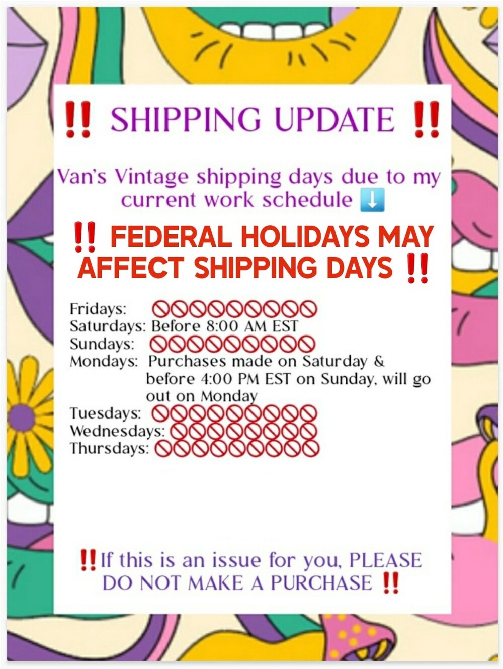 Van's Vintage Shipping Schedule